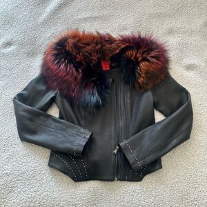 Women’s Black Leather Jacket with Multi-Color Fur Collar